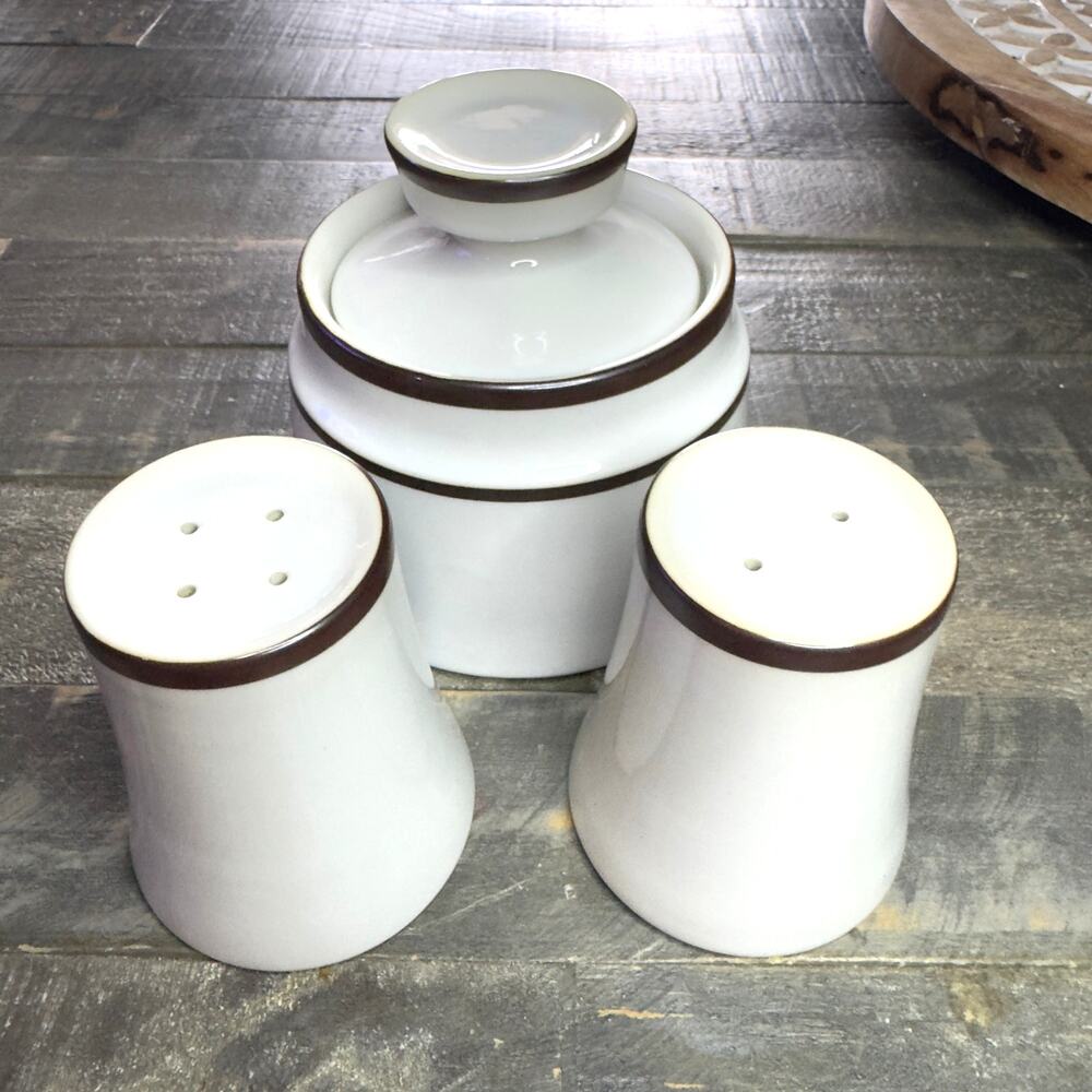 Noritake White Ceramic Spice Jar and Salt & Pepper Shakers with Brown Trim